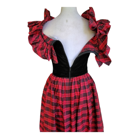 Vintage Prago Plaid Off The Shoulder Ruffle Trim Midi Length Dress Size 8 - Picture 6 of 10